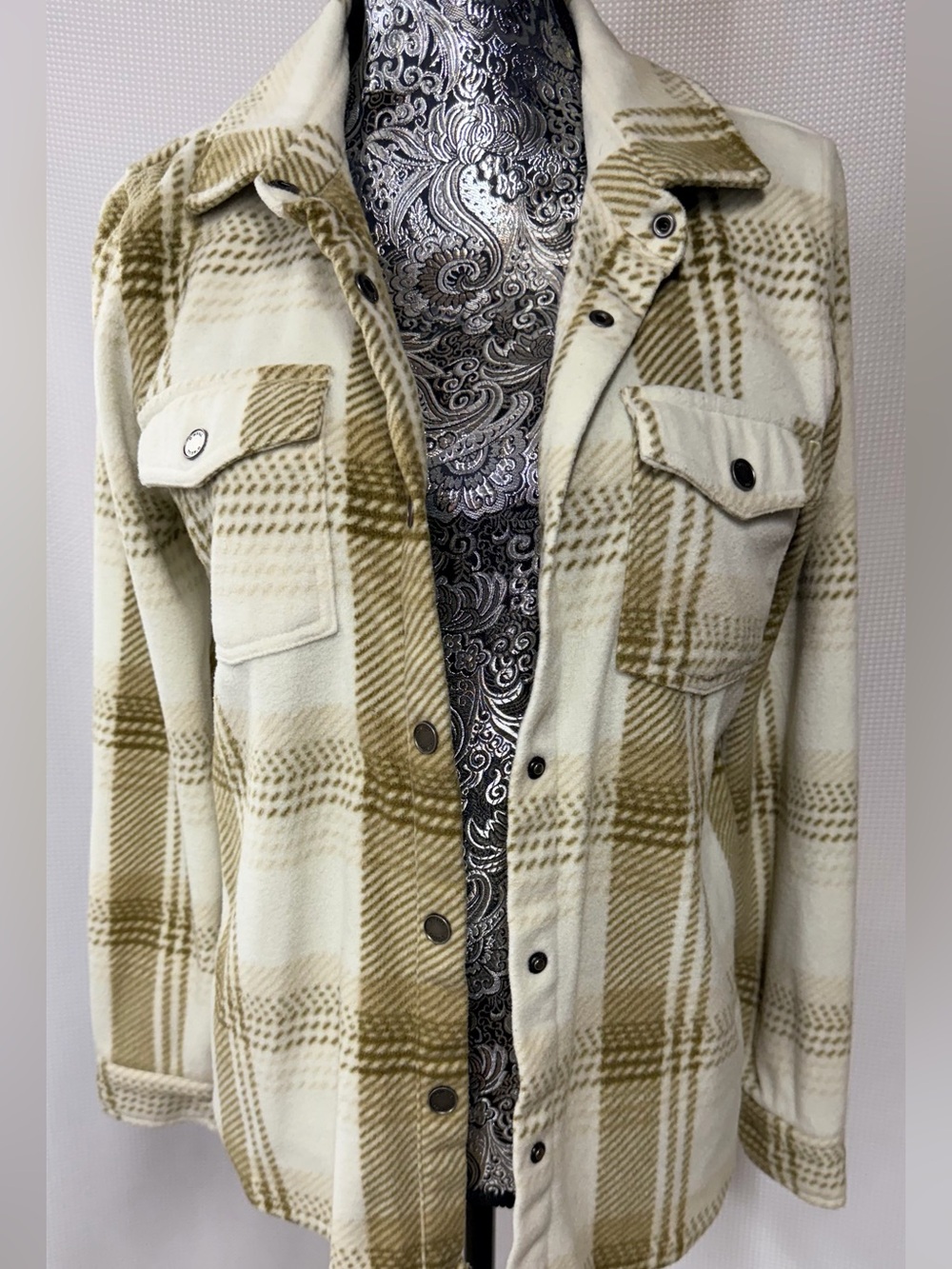 O'Neill Cream & Olive Plaid Utility Shacket
